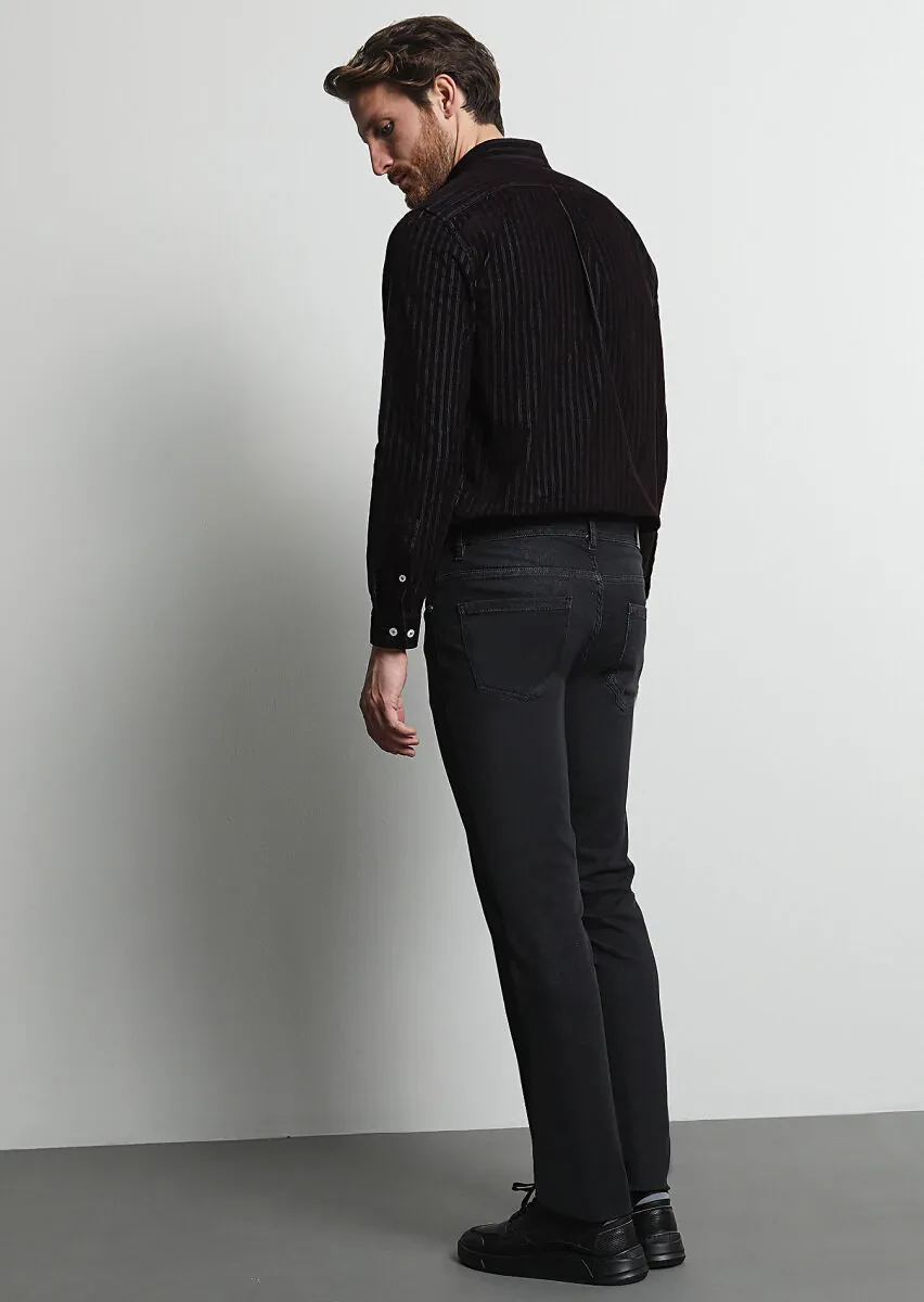 Siyah Düz Slim Fit Denim Pamuk Karışımlı Pantolon - 5