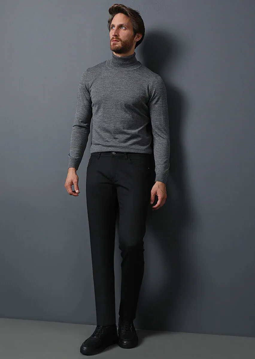 Siyah Düz Slim Fit Denim Pamuk Karışımlı Pantolon - 1