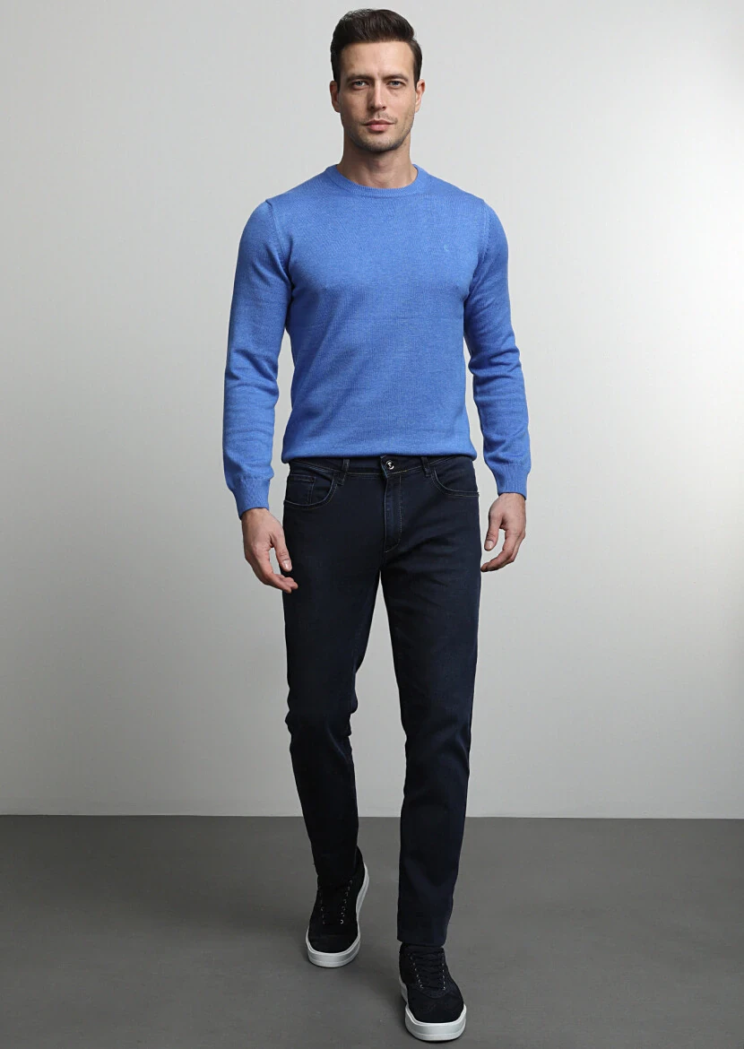 Siyah Düz Slim Fit Denim Pamuk Karışımlı Pantolon - 1