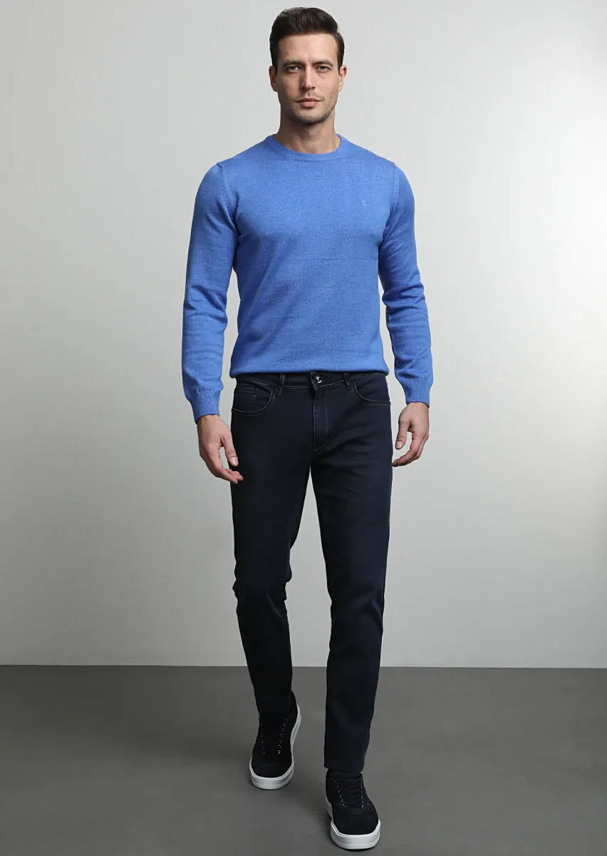 Siyah Düz Slim Fit Denim Pamuk Karışımlı Pantolon - 1