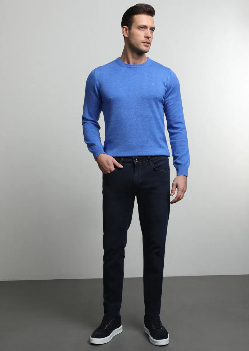 Siyah Düz Slim Fit Denim Pamuk Karışımlı Pantolon - 2