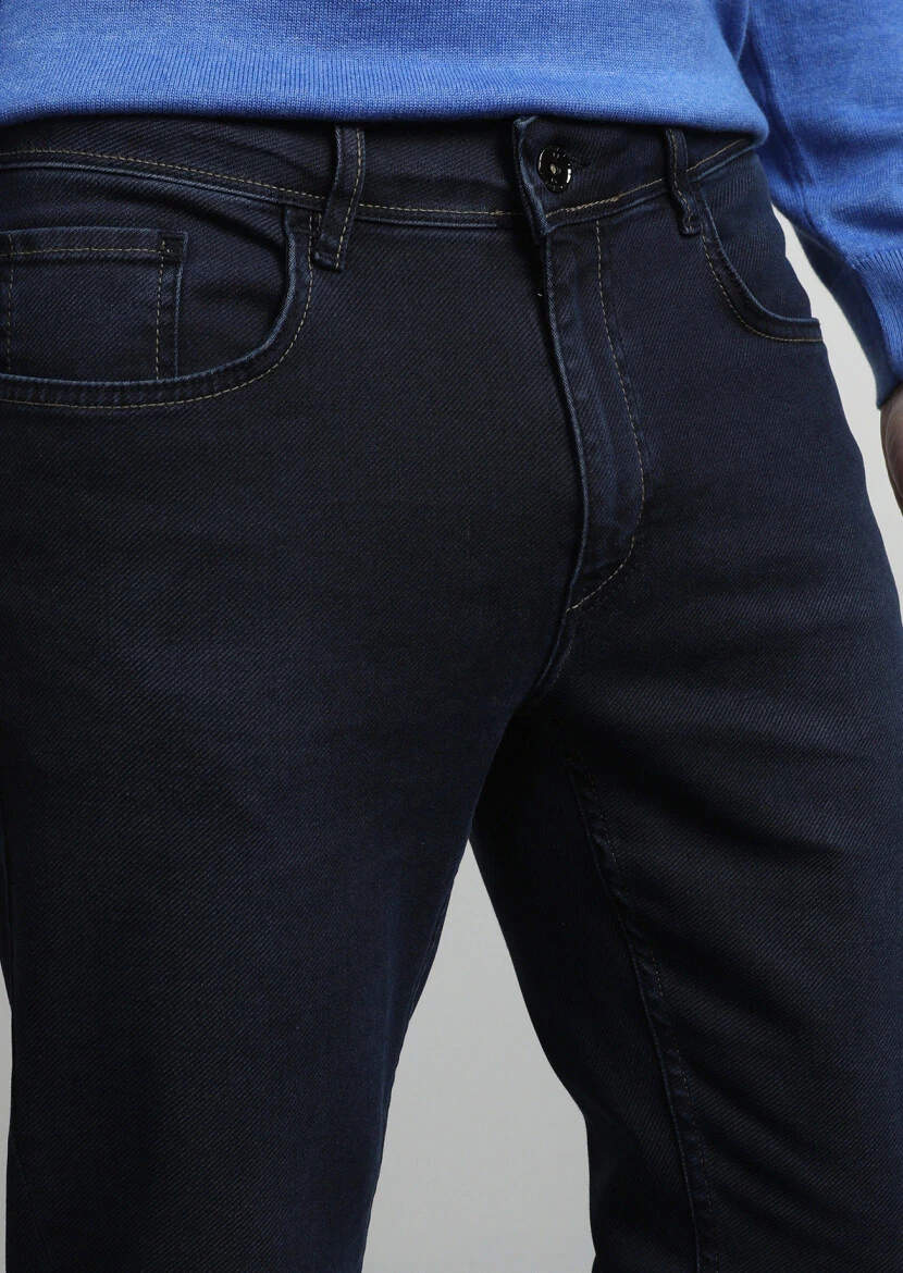 Siyah Düz Slim Fit Denim Pamuk Karışımlı Pantolon - 3