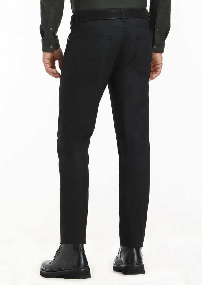 Siyah Düz Slim Fit Denim Pamuk Karışımlı Pantolon - 4
