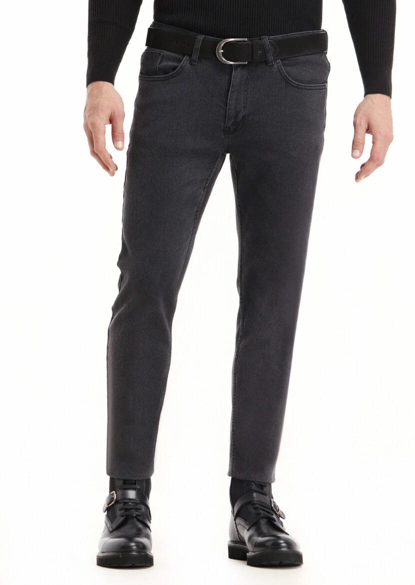 Siyah Düz Slim Fit Denim Pamuk Karışımlı Pantolon - 2