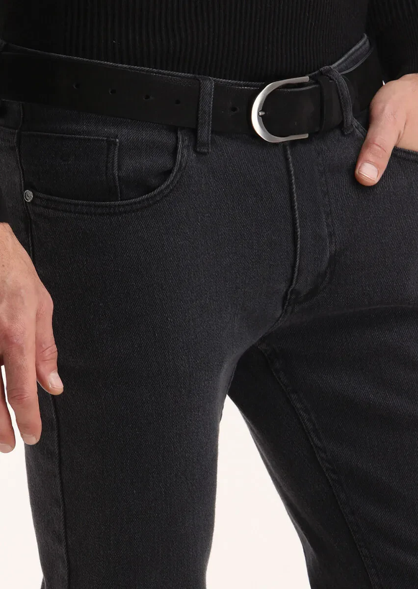 Siyah Düz Slim Fit Denim Pamuk Karışımlı Pantolon - 3