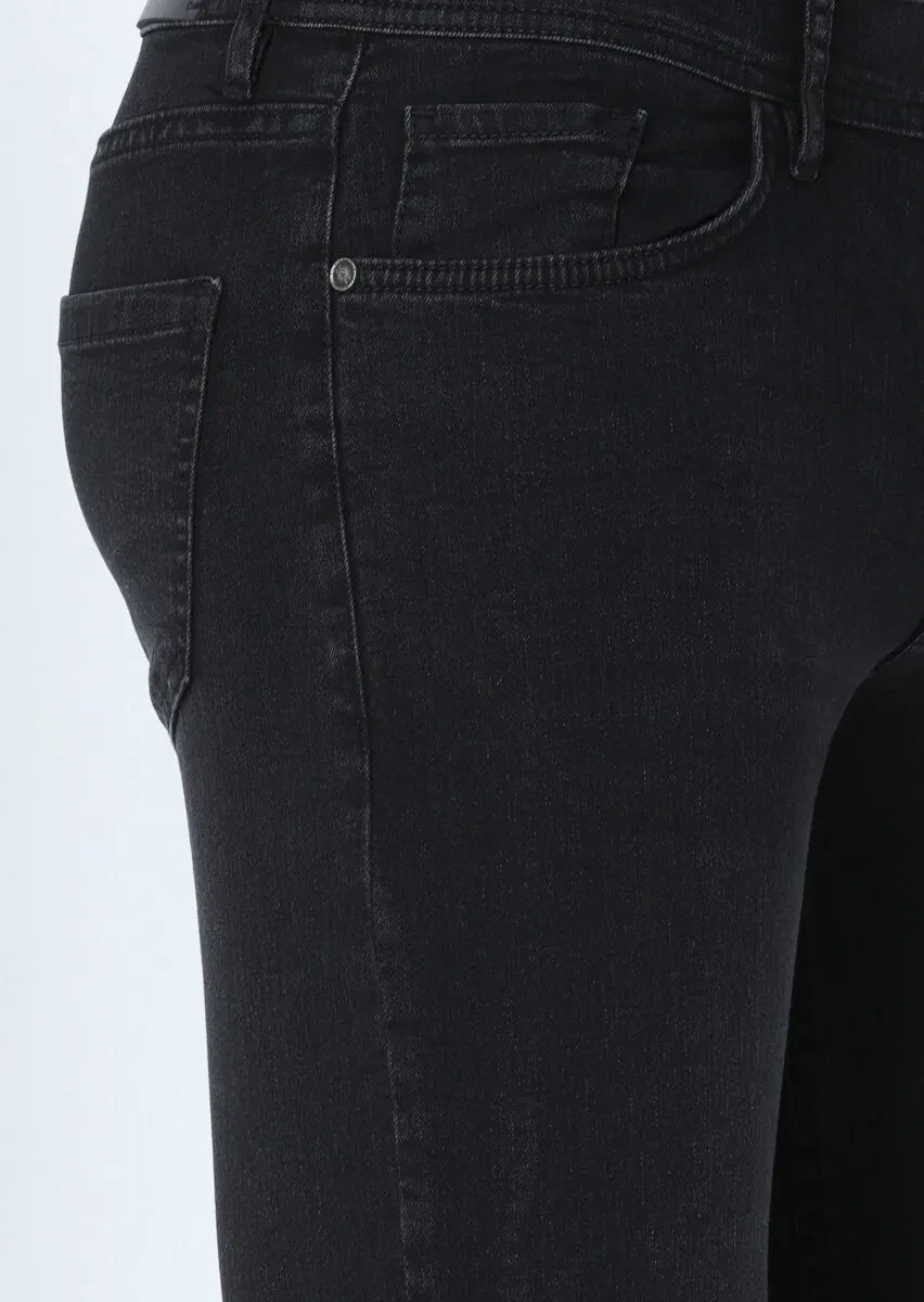 Siyah Düz Slim Fit Denim Pamuk Karışımlı Pantolon - 2