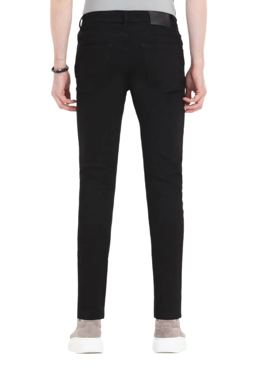 Siyah Düz Slim Fit Denim Pamuk Karışımlı Pantolon - 4