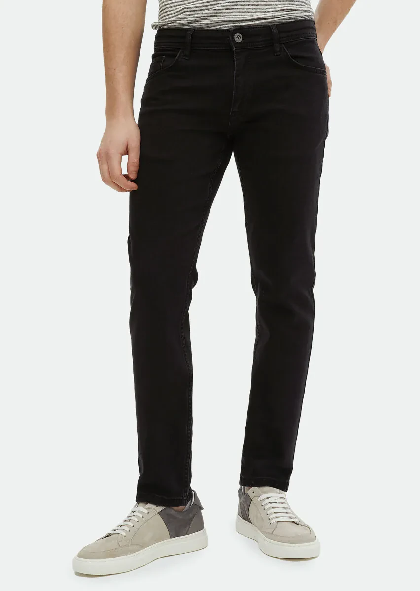 Siyah Düz Slim Fit Denim Pamuk Karışımlı Pantolon - 2