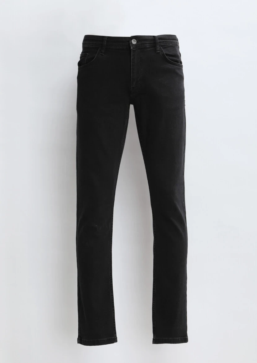 Siyah Düz Slim Fit Denim Pamuk Karışımlı Pantolon - 6