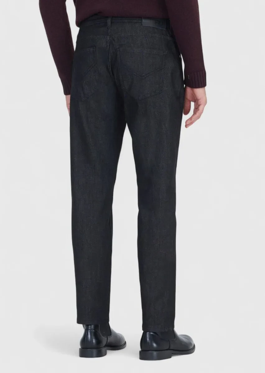 Siyah Düz Slim Fit Denim Pamuk Karışımlı Pantolon - 5