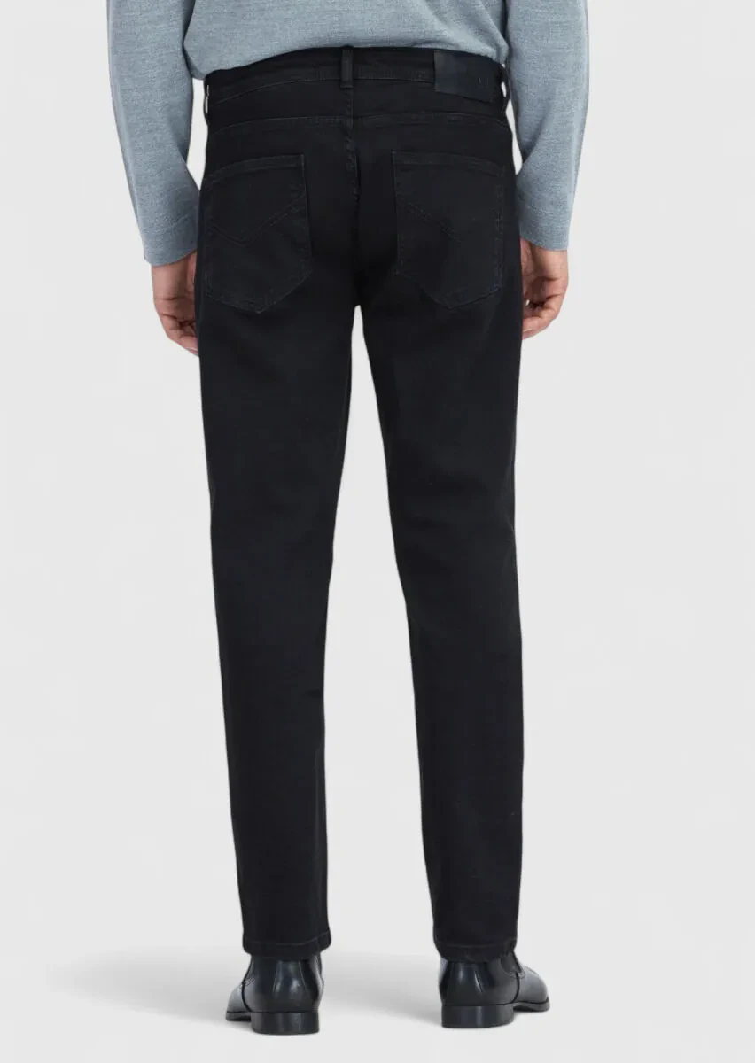 Siyah Düz Slim Fit Denim Pamuk Karışımlı Pantolon - 5