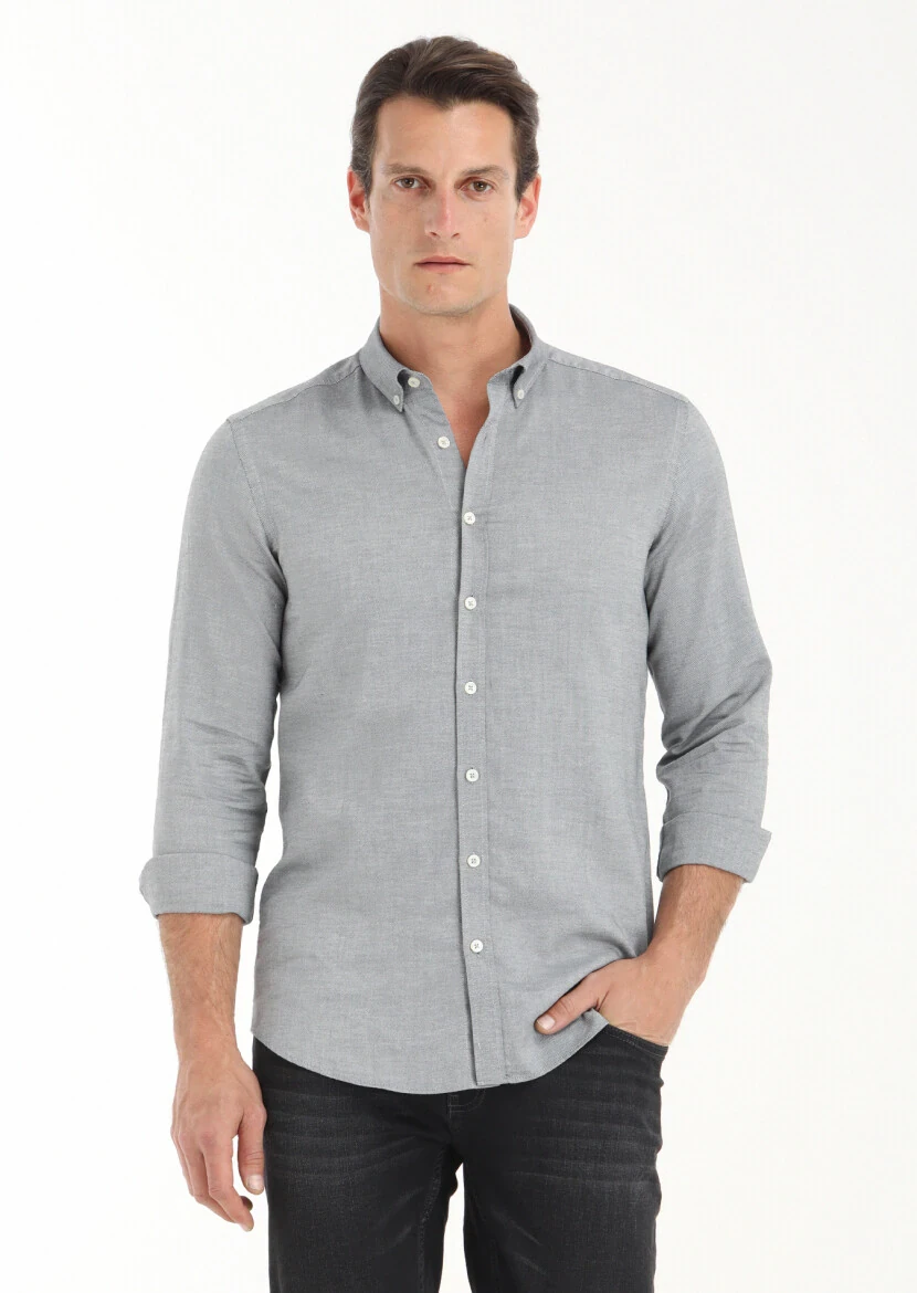 Siyah Düz Slim Fit Dokuma Casual %100 Pamuk Gömlek 