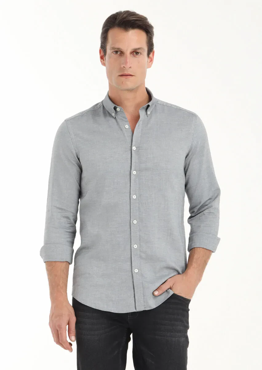 Siyah Düz Slim Fit Dokuma Casual %100 Pamuk Gömlek - 2