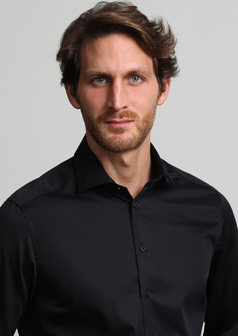 Siyah Düz Slim Fit Dokuma Klasik %100 Pamuk Gömlek 