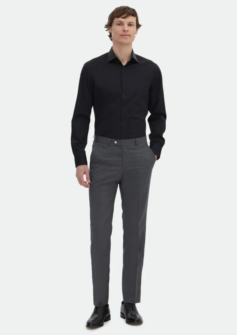 Siyah Düz Slim Fit Dokuma Klasik %100 Pamuk Gömlek - RAMSEY