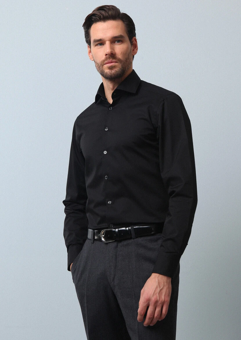 Siyah Düz Slim Fit Dokuma Klasik Pamuk Karışımlı Gömlek - 1
