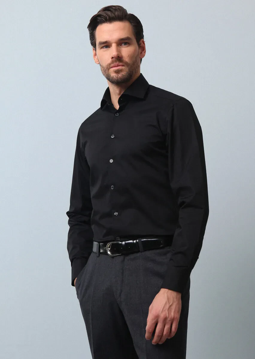 Siyah Düz Slim Fit Dokuma Klasik Pamuk Karışımlı Gömlek - 1