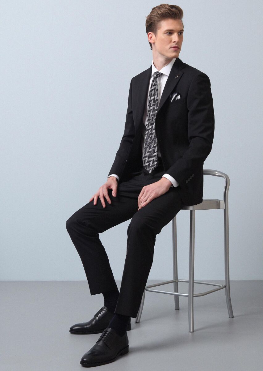 Siyah Düz Thin&taller Slim Fit %100 Yün Takım Elbise - 4
