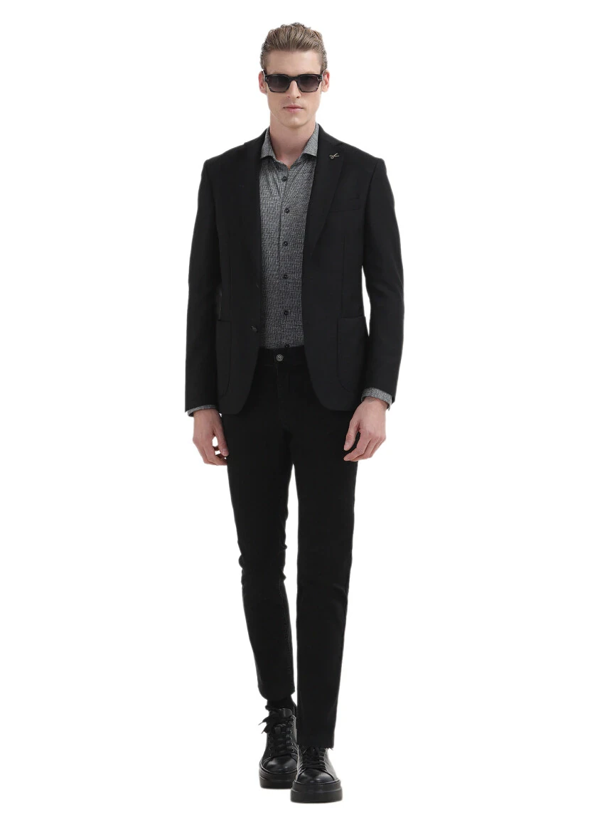 Siyah Düz Zeroweight Slim Fit %100 Yün Ceket - 2