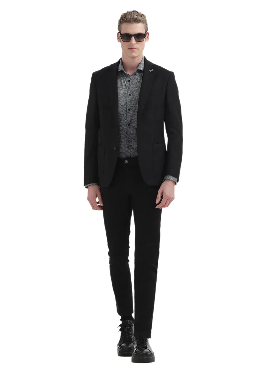 Siyah Düz Zeroweight Slim Fit %100 Yün Ceket - 2