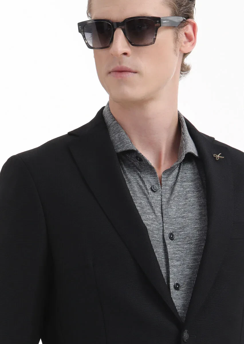 Siyah Düz Zeroweight Slim Fit %100 Yün Ceket - 3