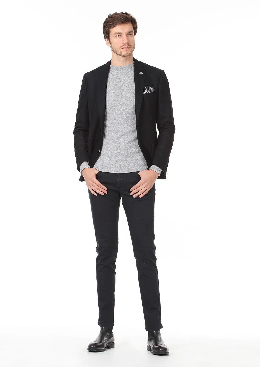 Siyah Düz Zeroweight Slim Fit Yün Karışımlı Ceket - 3