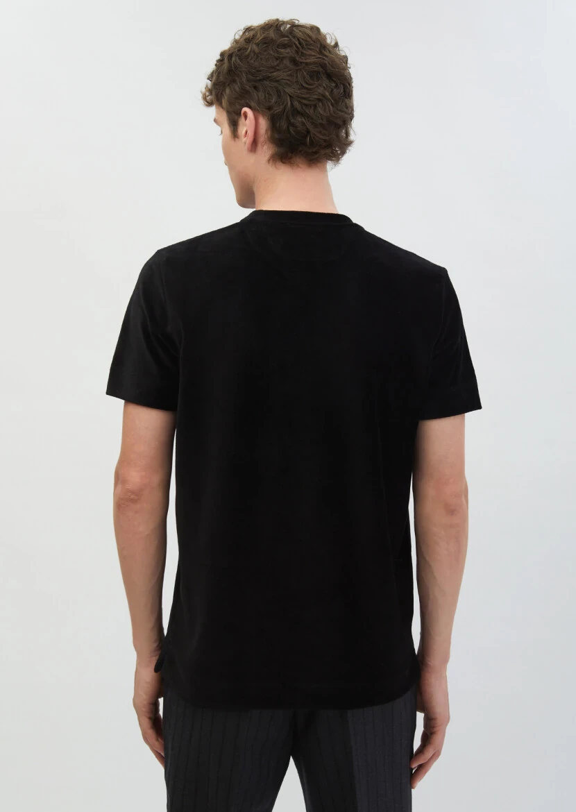 Siyah Fitilli Bisiklet Yaka %100 Pamuk T-Shirt - 5