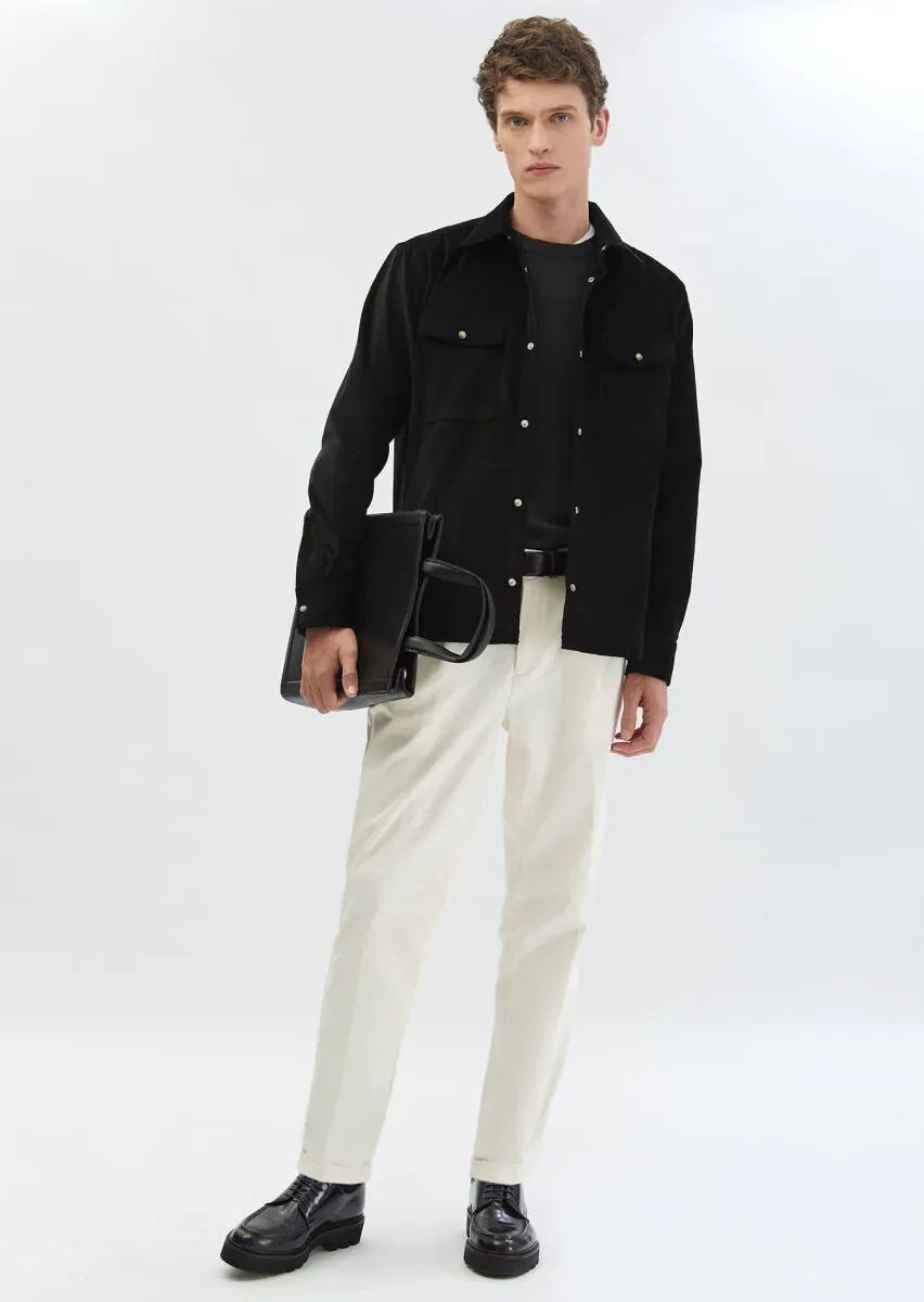 Siyah Fitilli Casual Fit Dokuma Kadife Pamuk Karışımlı Overshırt - 2