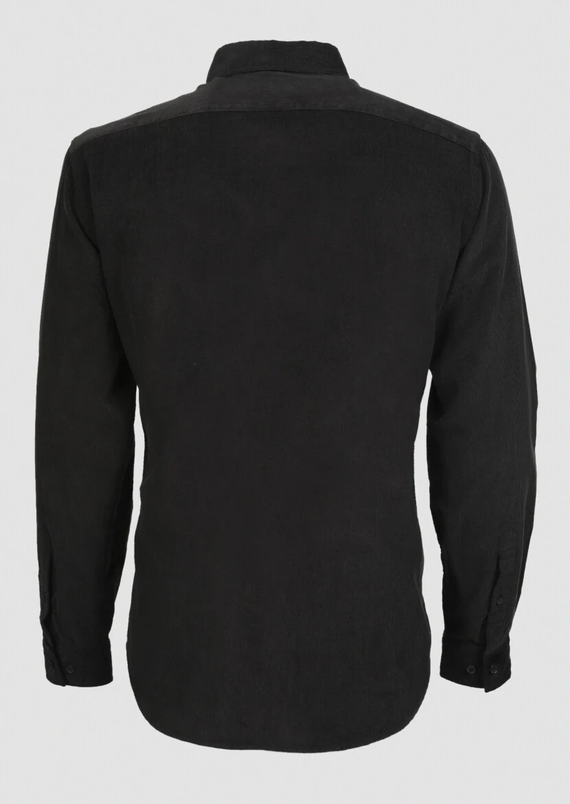 Siyah Fitilli Regular Fit Dokuma Kadife Casual %100 Pamuk Gömlek - 7