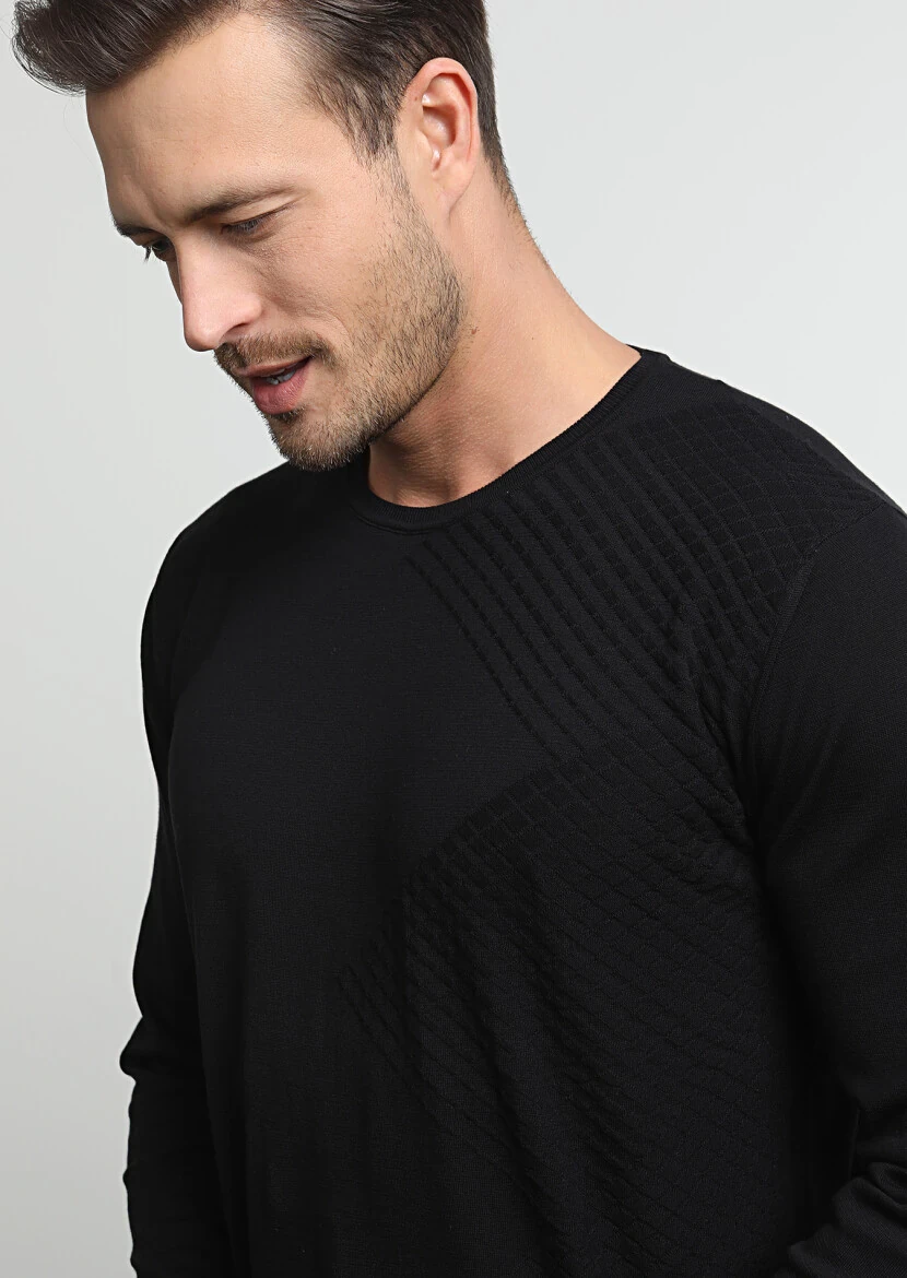 Siyah Jakarlı %100 Pamuk Triko Kazak - 1