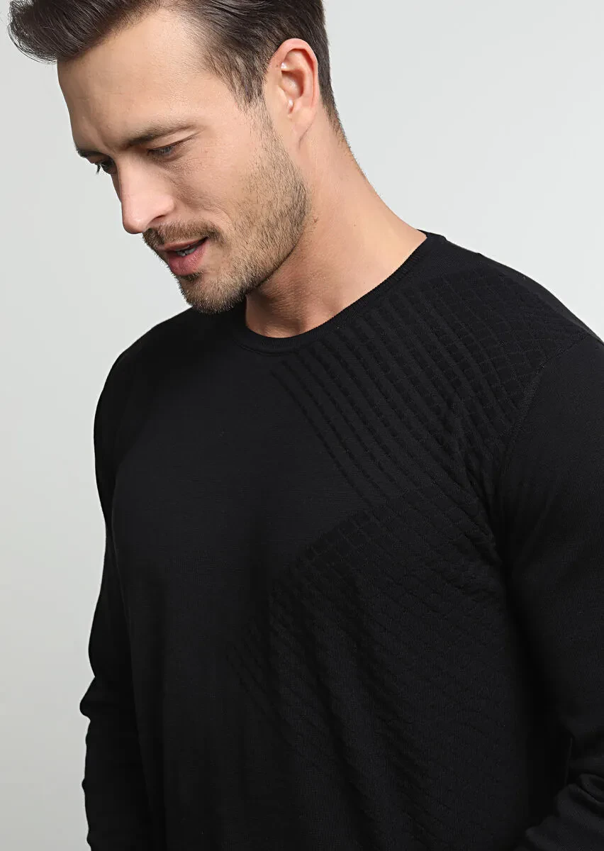 Siyah Jakarlı %100 Pamuk Triko Kazak - 1