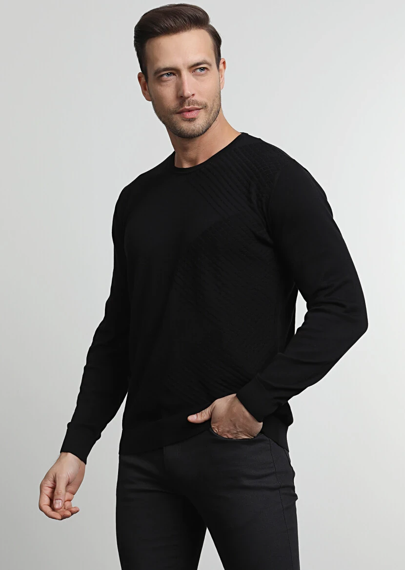 Siyah Jakarlı %100 Pamuk Triko Kazak - 2