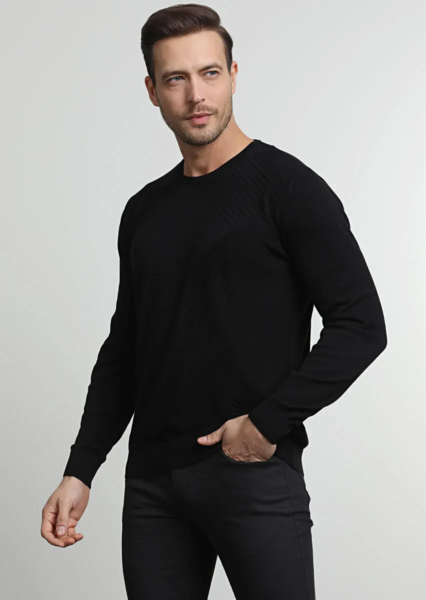 Siyah Jakarlı %100 Pamuk Triko Kazak - 2