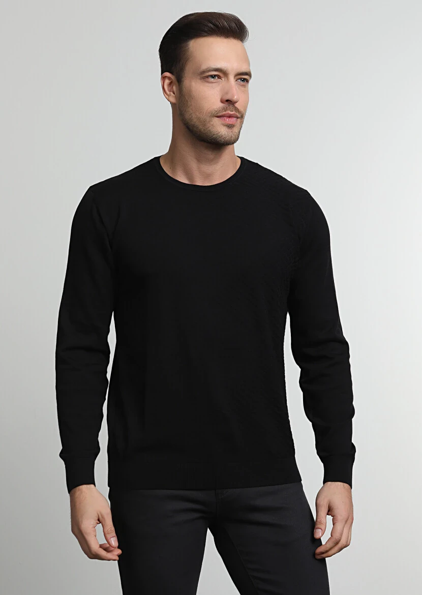 Siyah Jakarlı %100 Pamuk Triko Kazak - 3