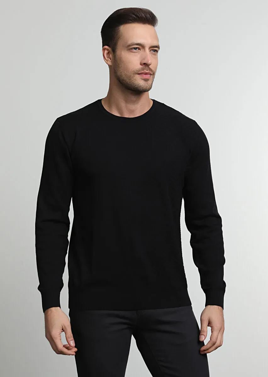 Siyah Jakarlı %100 Pamuk Triko Kazak - 3