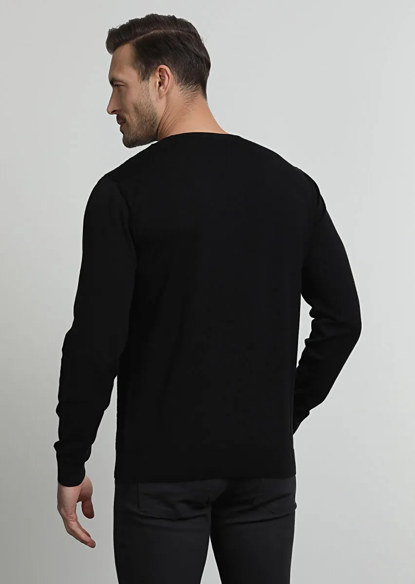 Siyah Jakarlı %100 Pamuk Triko Kazak - 4