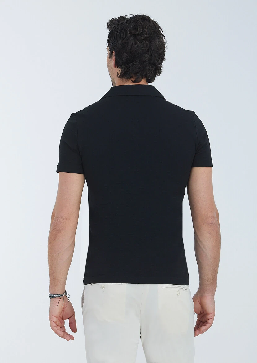 Siyah Jakarlı Küba Yaka %100 Pamuk T-Shirt - 5