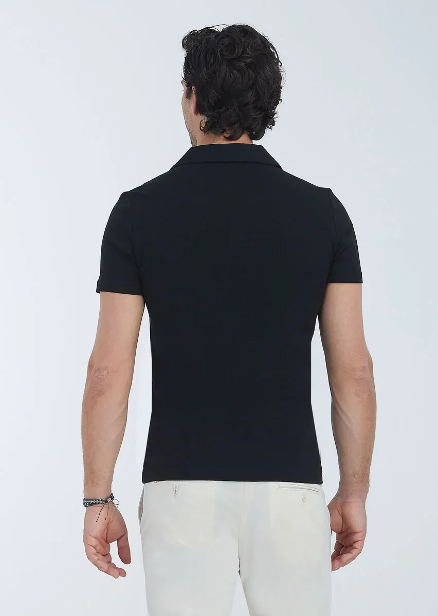 Siyah Jakarlı Küba Yaka %100 Pamuk T-Shirt - 5