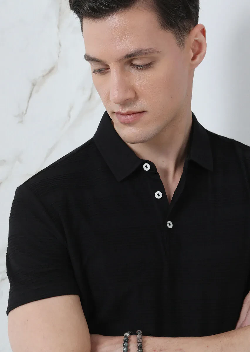 Siyah Jakarlı Polo Yaka %100 Pamuk T-Shirt - 3