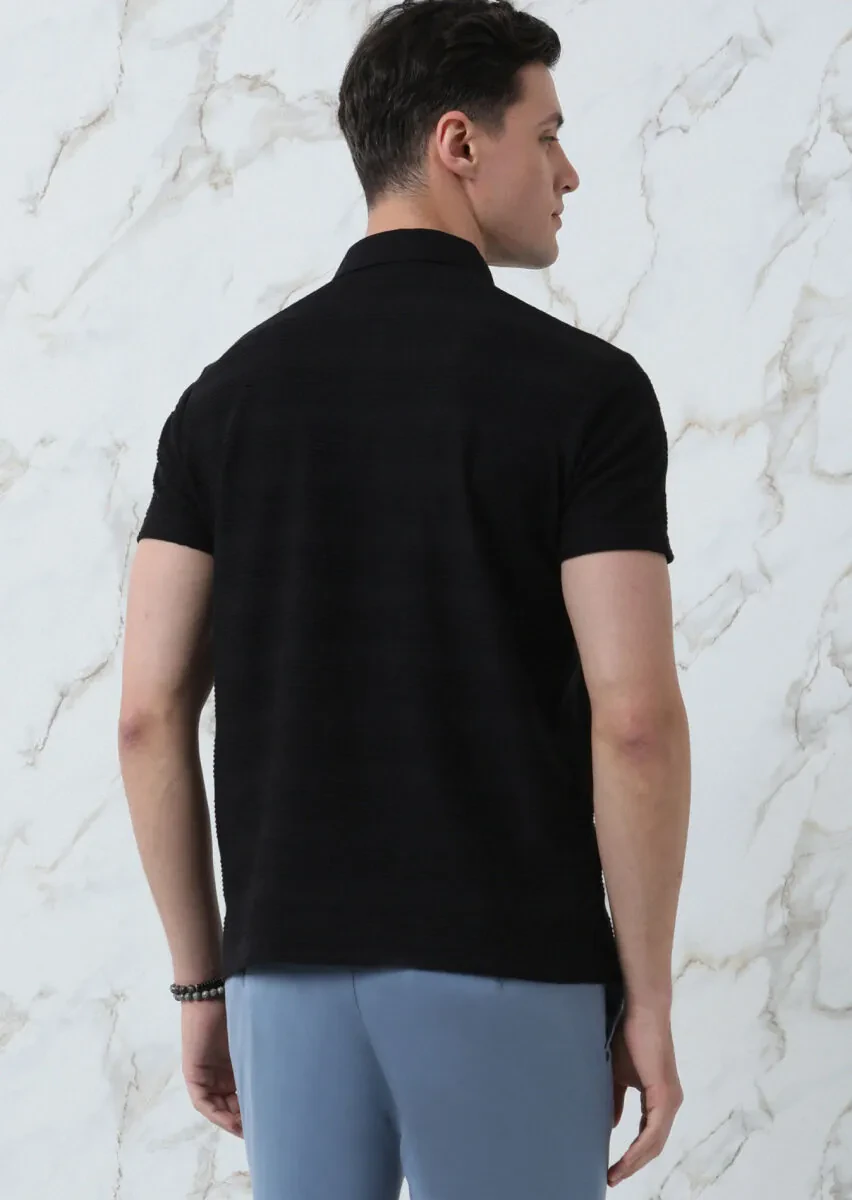 Siyah Jakarlı Polo Yaka %100 Pamuk T-Shirt - 5