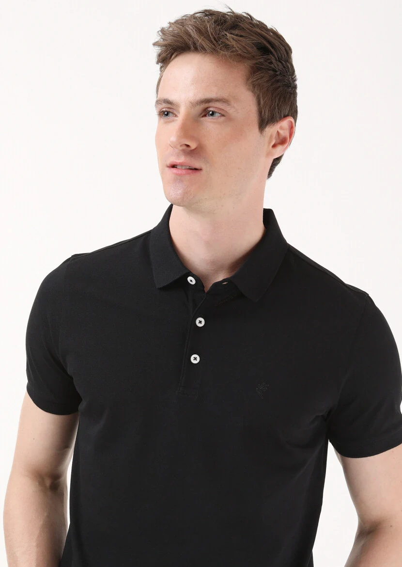 Siyah Jakarlı Polo Yaka %100 Pamuk T-Shirt - 2