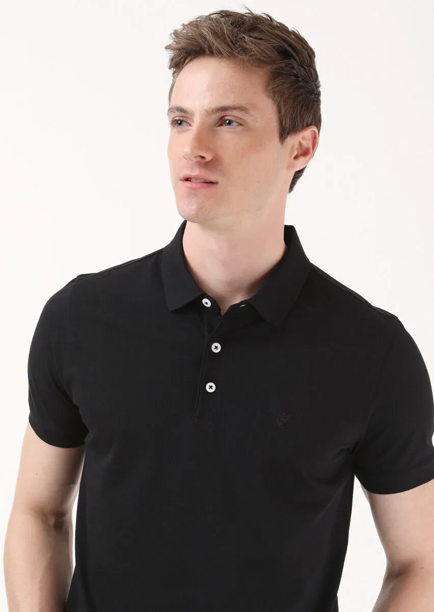 Siyah Jakarlı Polo Yaka %100 Pamuk T-Shirt - 2