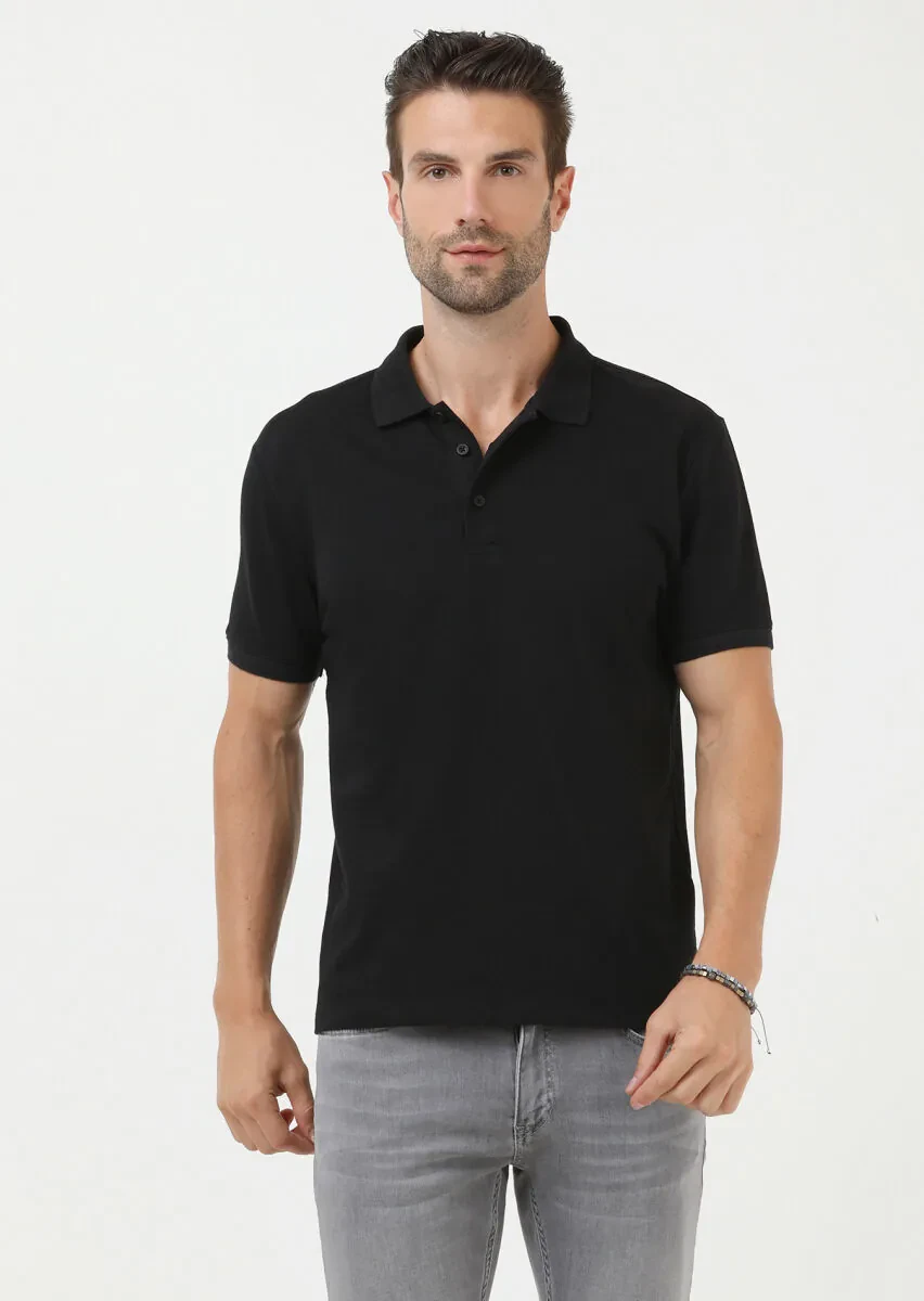 Siyah Jakarlı Polo Yaka %100 Pamuk T-Shirt - 1
