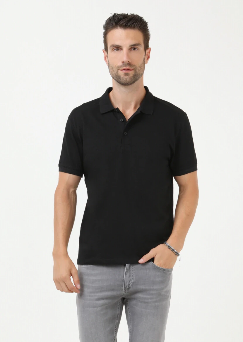 Siyah Jakarlı Polo Yaka %100 Pamuk T-Shirt - 2
