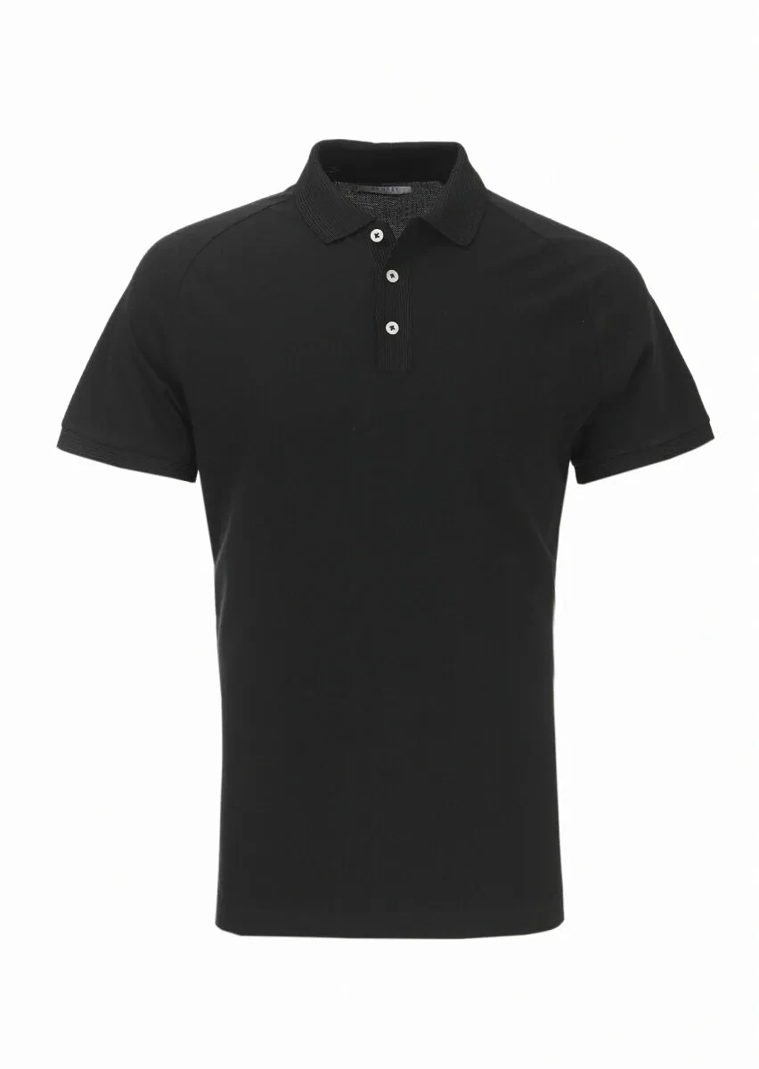 Siyah Jakarlı Polo Yaka %100 Pamuk T-Shirt - 5