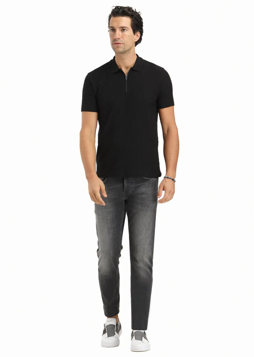 Siyah Jakarlı Polo Yaka %100 Pamuk T-Shirt - 1