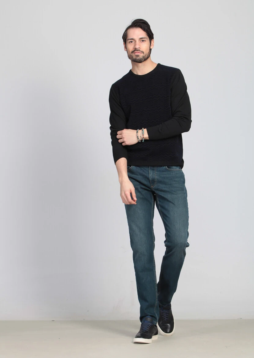 Siyah Jakarlı Yün Karışımlı Triko Kazak - 2