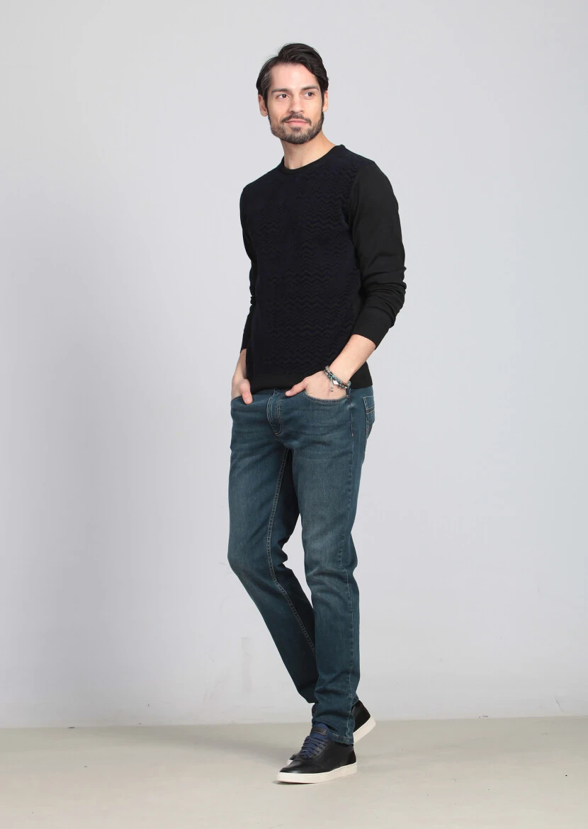 Siyah Jakarlı Yün Karışımlı Triko Kazak - 3