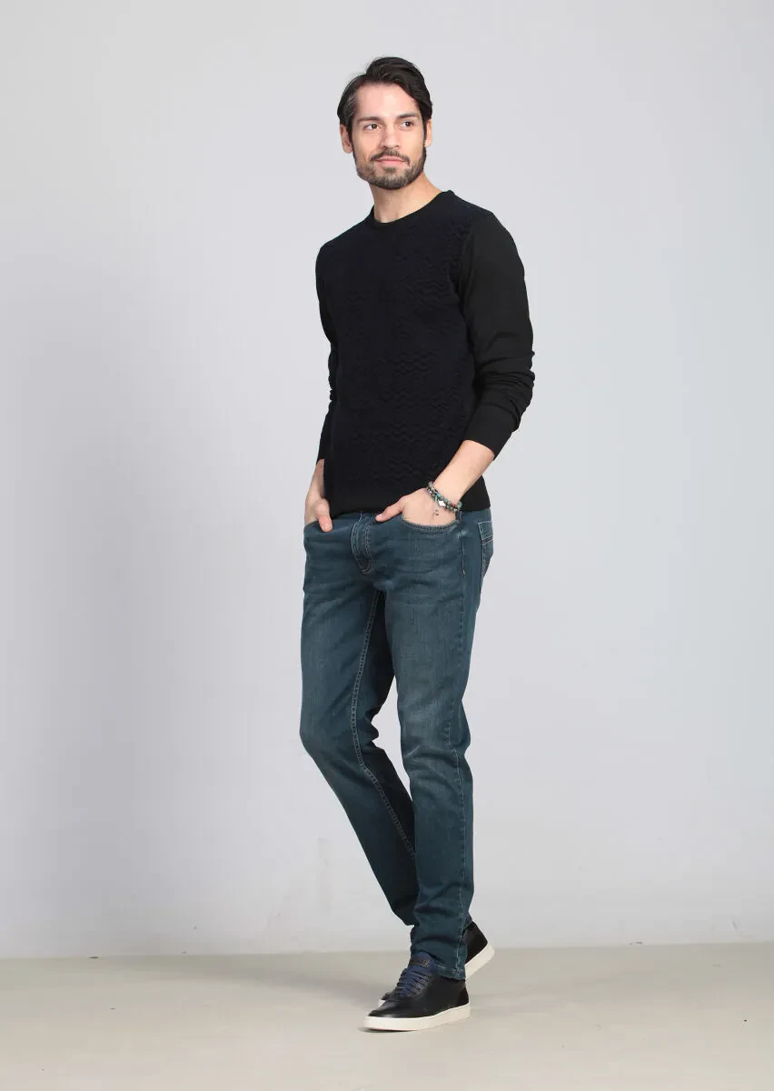 Siyah Jakarlı Yün Karışımlı Triko Kazak - 3