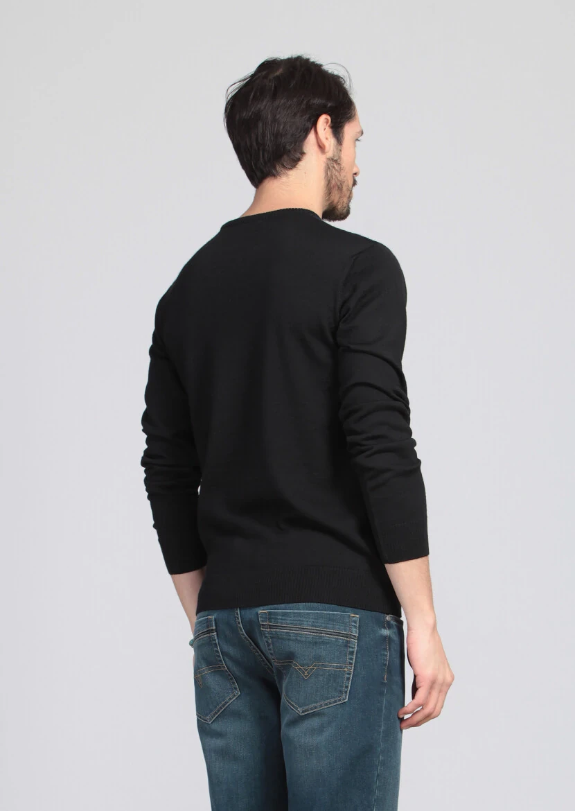 Siyah Jakarlı Yün Karışımlı Triko Kazak - 5